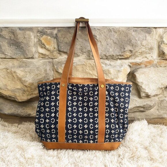 CELINE Vintage Tan Blue Macadam Tote Shoulder Bag - Picture 1 of 16